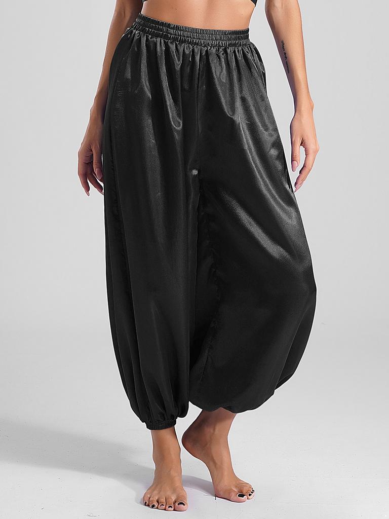 Брюки-шаровары для танца живота, повседневные, свободные, однотонные, атласные, брюки, индийский/арабский костюм на Хэллоуин, свободные брюки, шаровары