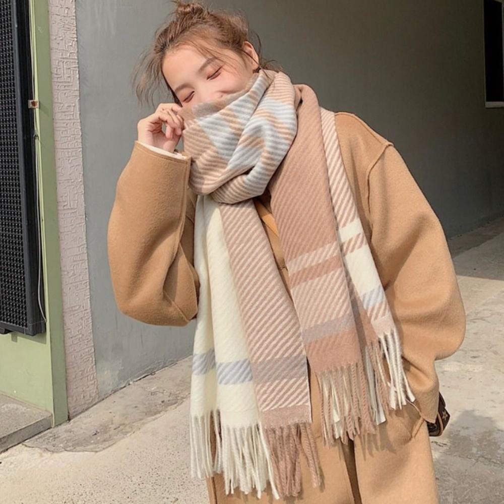 Korean Style Women's Cashmere Scarf Thickened Winter Neck Warmer Checkered Scarf  Autumn Winter