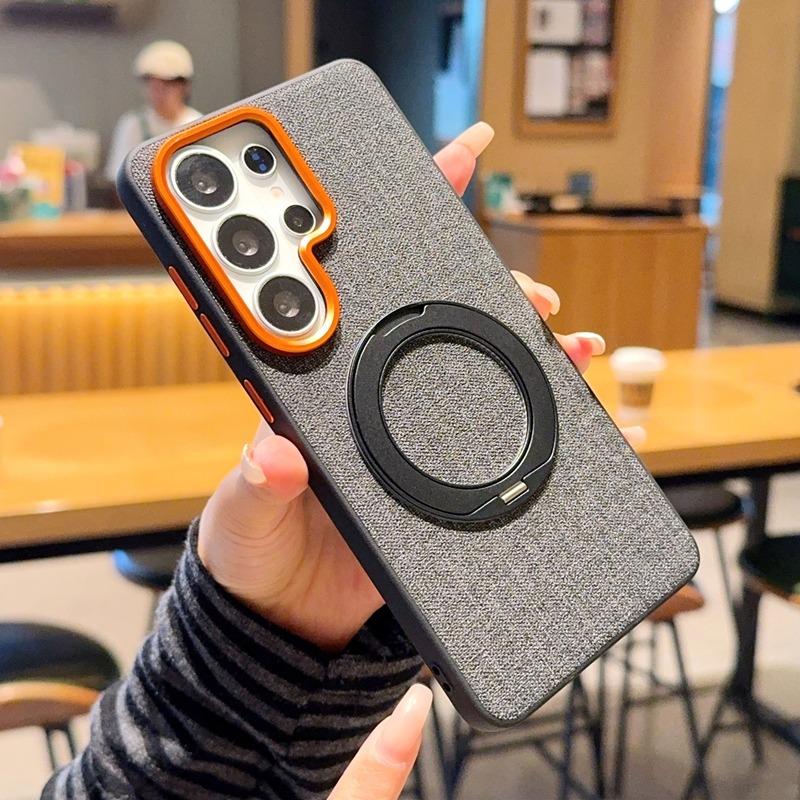 Linen Fabric Case for Samsung S26 Ultra S25 Plus S24 Ultra Magnetic Rotating Stand Metal Buttons Shockproof Soft Edge Cover