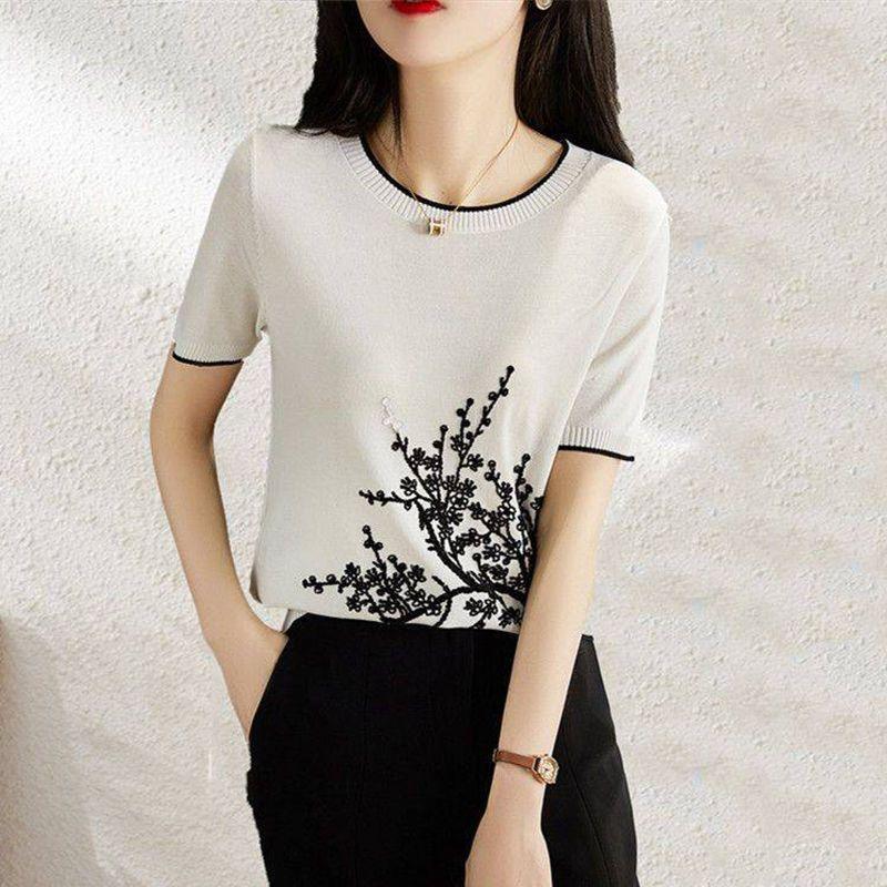 Женская вышитая футболка с короткими рукавами из ледяного шелка, летняя, новая, стильная, с круглым вырезом, тонкая футболка