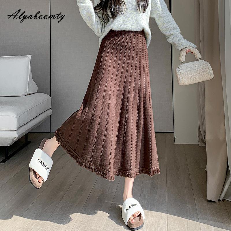 Корейская мода, осенне-зимняя женская юбка-миди с высокой талией, серая, черная, абрикосовая, кофейная, толстая теплая юбка, элегантная женская юбка с кисточками, женские юбки