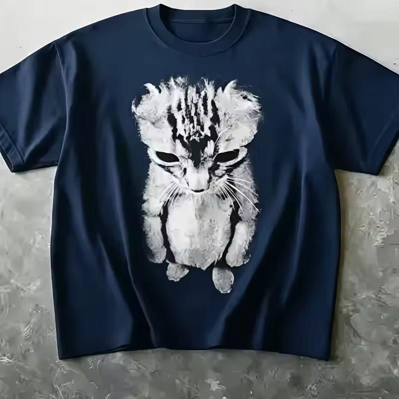 Dark Style Alien Cat T shirt Black and White Distressed Cat Print Men's T shirt Summer Unisex T shirt