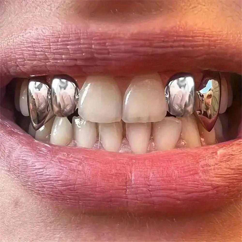 2Pcs/Set Double Glossy Tooth Caps Gold Silver Color Mouth Teeth Grillz  Party Cosplay