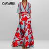 Женская мода элегантный темперамент V-образный вырез принт усаживаться плиссировка большой подол длинные платья