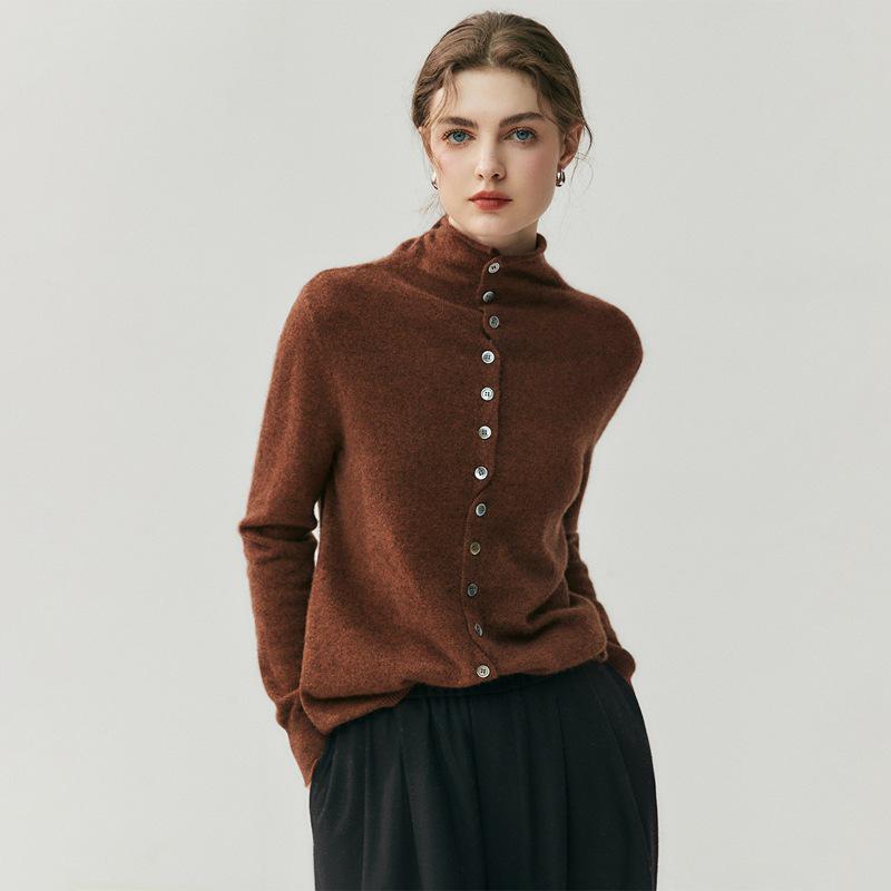 Women's Rolled Hem Cashmere Cardigan - Autumn/Winter Arrival; Soft, Versatile Single-Breasted Turtleneck with Multi-Button Long Sleeves