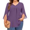 Women's Solid Color V-neck Plus Size Tops 3/4 Sleeves Elegant Shirt Tops
