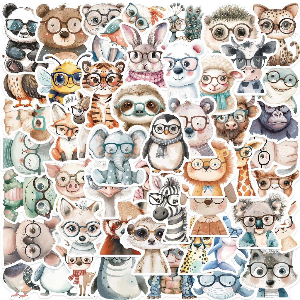 50PCS Animals With Glasses Stickers Aesthetic PVC Children Decoration Sketchbook Scrapbook Sticky Graffiti Cute Sticker For Kids