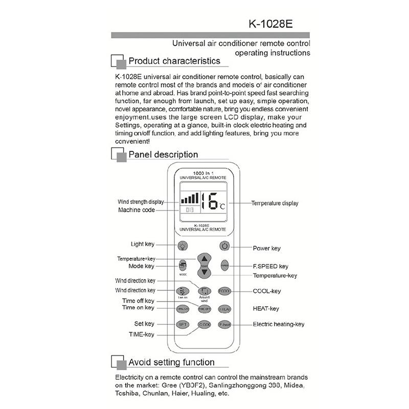 Universal K-1028E Low Power Consumption 1000 In 1 Air Condition Remote Lcd A/C Remote Control Controller