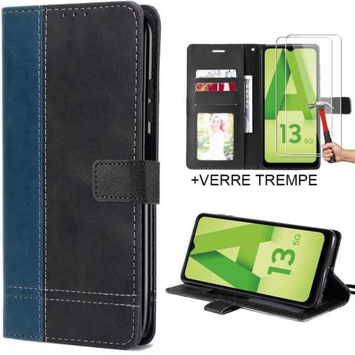 Coque + 2 Verres Trempés pour Samsung A13 5G - Coque Effet Cuir Bicolore Bleu Marine-Noir