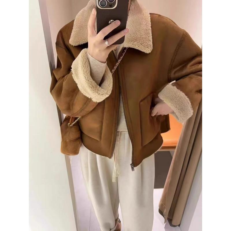 Fur One-piece Thickened Lamb Wool Jacket Women's Winter Design Sense American Retro Warm Short Lapel Motorcycle Suit