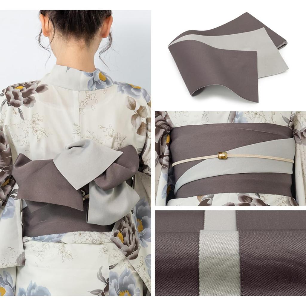 SOUBIEN Floro Yukata Set One Size Fits Walnut with Sky and Gray Pattern Women's 3-Piece (Yukata, Half-Width Obi, Geta) All, (ykt10246-obh10005)