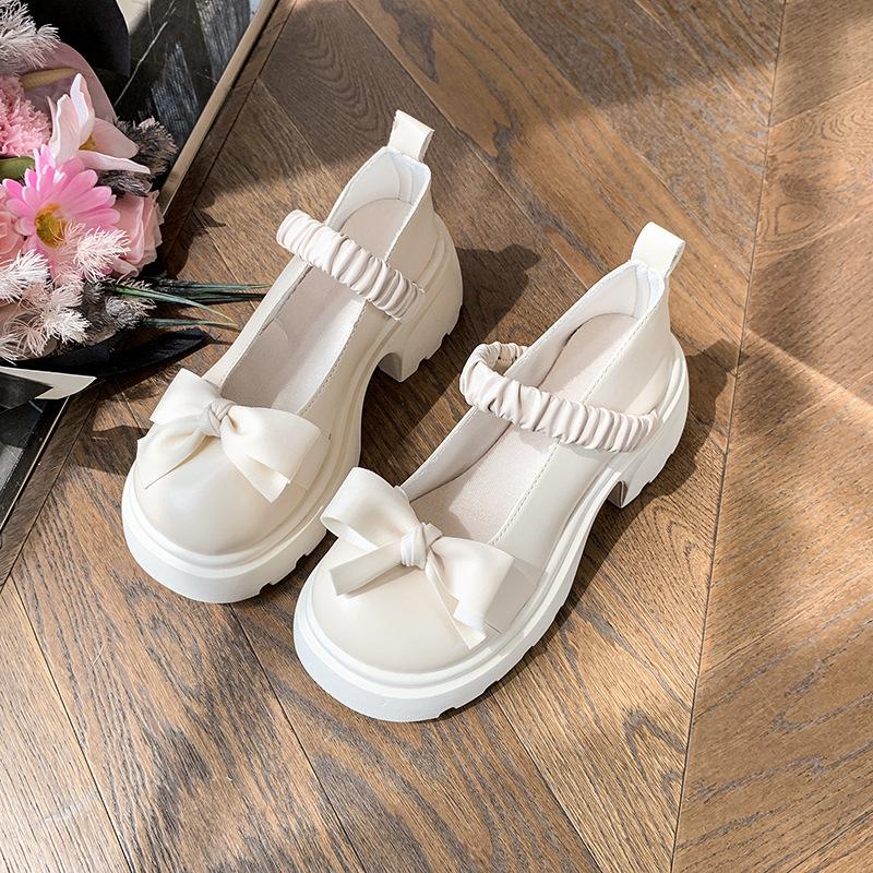Туфли-лодочки на высоком каблуке с бантом, французские одинарные туфли, женские 2025 осень, новые, толстый каблук, толстая подошва, Мэри Джейн, маленькие кожаные туфли