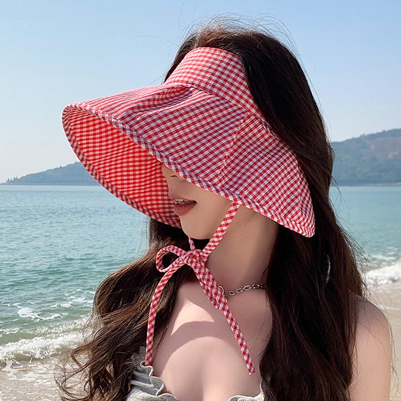 Летняя клетчатая шляпа от солнца, складная, с широкими полями, с пустым верхом, пляжная шляпа, дышащая, с защитой от ультрафиолета, для женщин, солнцезащитный козырек