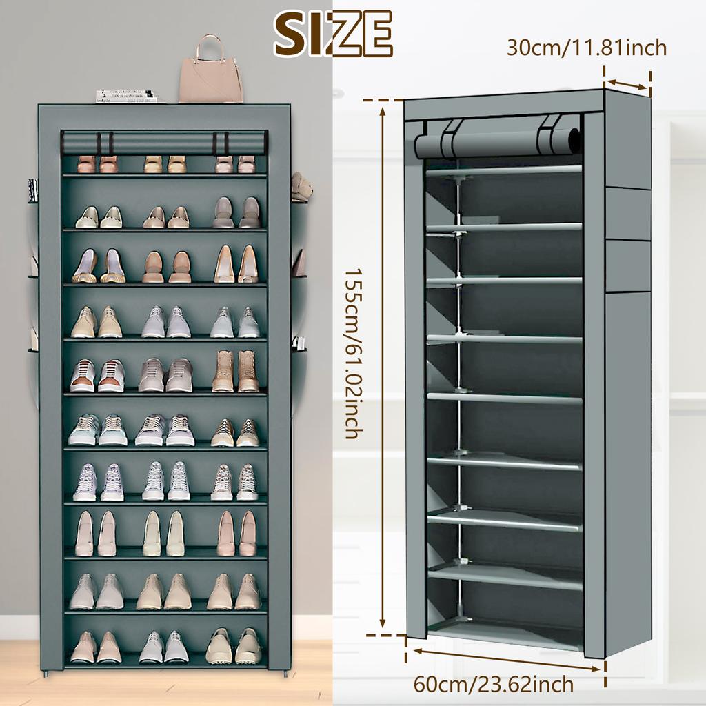 10 Tier Shoe Rack Organizer Dustproof Fabric Holds 30 To 40 Pairs Shoes Space Saving Free Standing Tall Shoe Storage Shelf