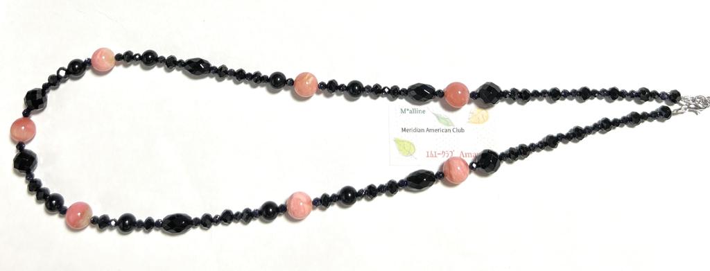 Ограниченный выпуск, длинное ожерелье из натурального камня, розовый опал, оникс, сине-золотой, длина камня около 60 см, 6 см, амулет на удачу в любви, сделано в Японии