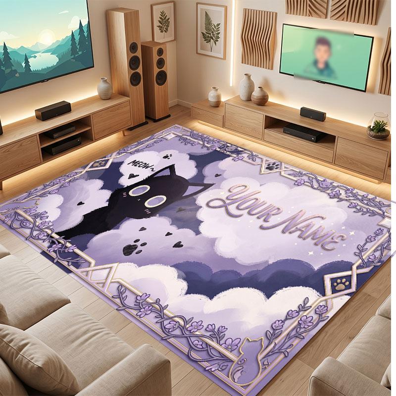 Cat Theme Crystal Velvet Floor Rug Personalized Custom Name Text Warm Carpet Home Decoration