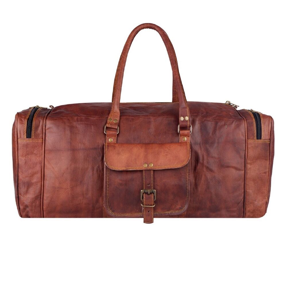 Vintage Genuine Goat Brown Leather Travel Luggage Duffel Weekender Overnight Bag