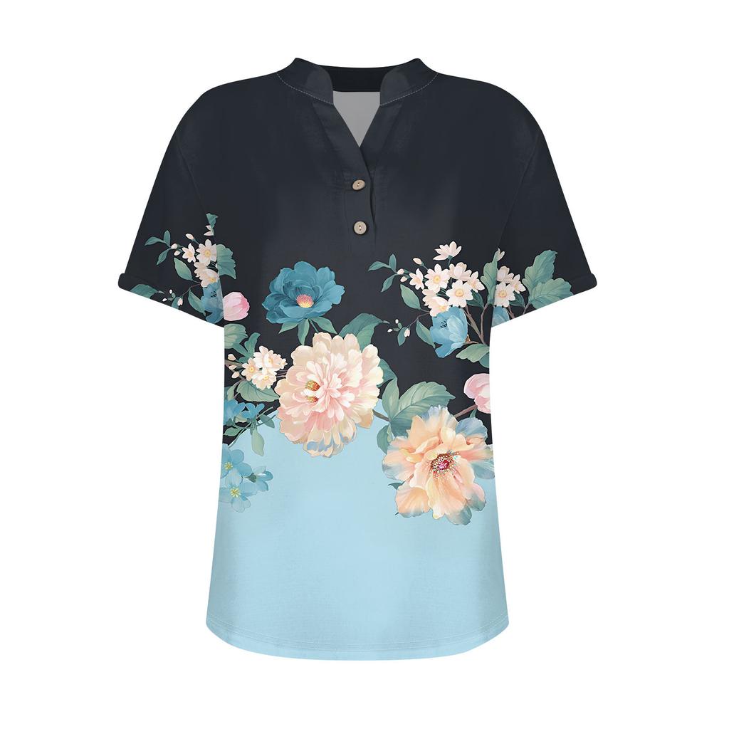 Женская модная повседневная рубашка с v-образным вырезом и коротким рукавом с принтом, футболка на пуговицах, топ