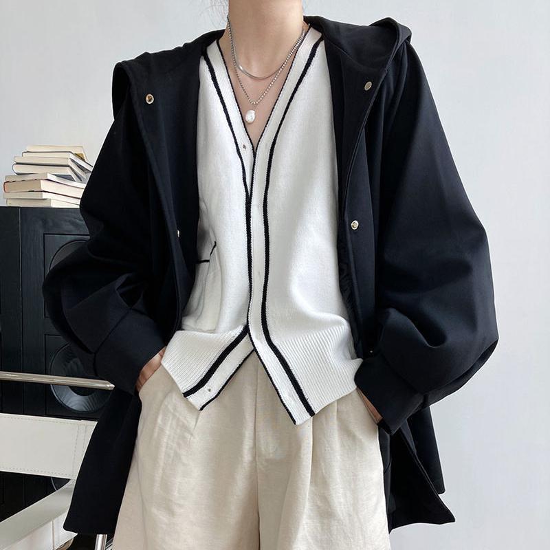 Autumn Korean Loose Trench Coat With Hooded Belt Black Woman Jackets Overcoat
