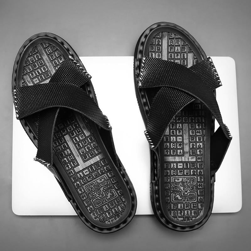 Летние сандалии мужские из натуральной кожи классические черные тапочки с открытым носком пляжные резиновые удобные и дышащие сандалии