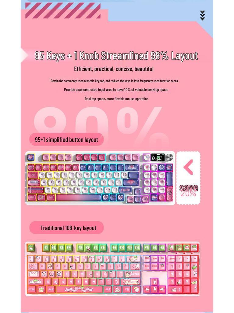 98-клавишная RGB беспроводная Bluetooth механическая клавиатура с тройным режимом - Игровая, для киберспорта и офиса, с настраиваемым экраном