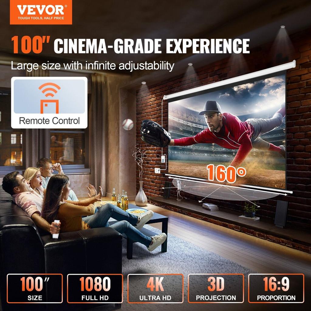 Motorized Projector Screen, 100 inch 16:9 4K 1080 HD Electric Projector Screen, Automatic Projection Screen with Remote Control, Wall Mount Movie