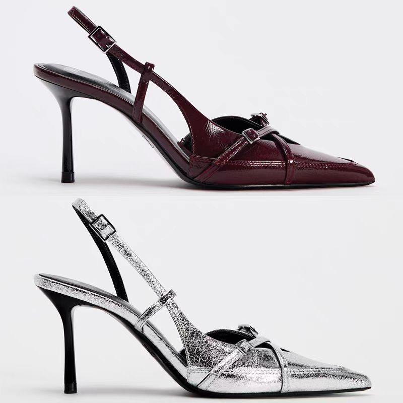 Туфли-лодочки TRAF женские серебристые с пряжкой и открытым носком на высоком каблуке, сексуальные, с острым носком, кожаные туфли-лодочки 2024 года, элегантные женские туфли на высоком каблуке для вечеринок