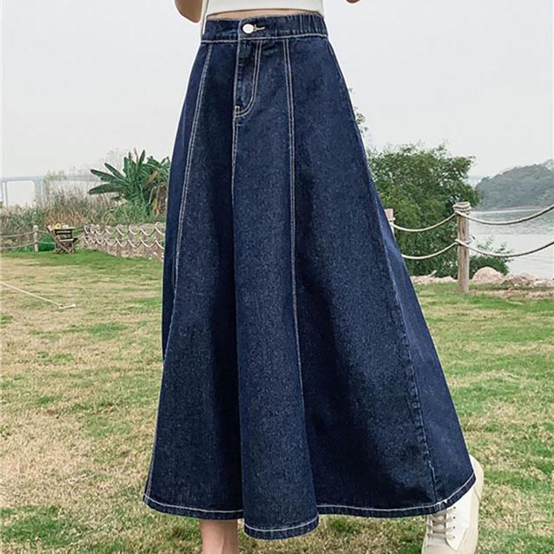 WTEMPO Женские джинсовые юбки трапециевидной формы, уличная одежда, свободная повседневная летняя летняя корейская стильная эластичная юбка с высокой талией, классическая винтажная синяя юбка