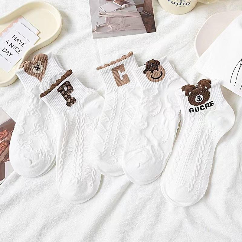 5 пар женских носков, весенне-летние тонкие носки-лодочки с рисунком медведя, дышащие и милые белые носки