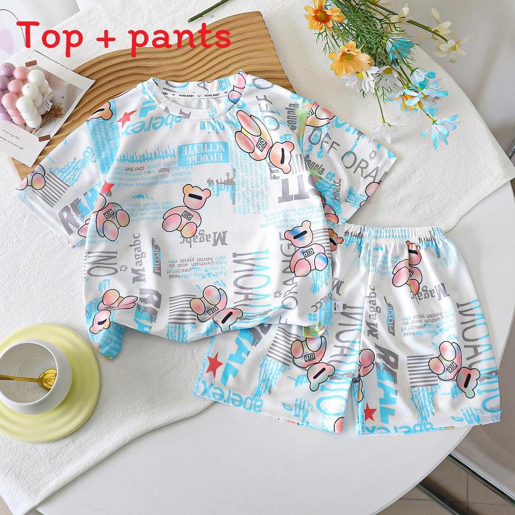 Cartoon Dinosaur Summer Boys Toddler Twopiece Set With Short Sleeve Top And Shorts