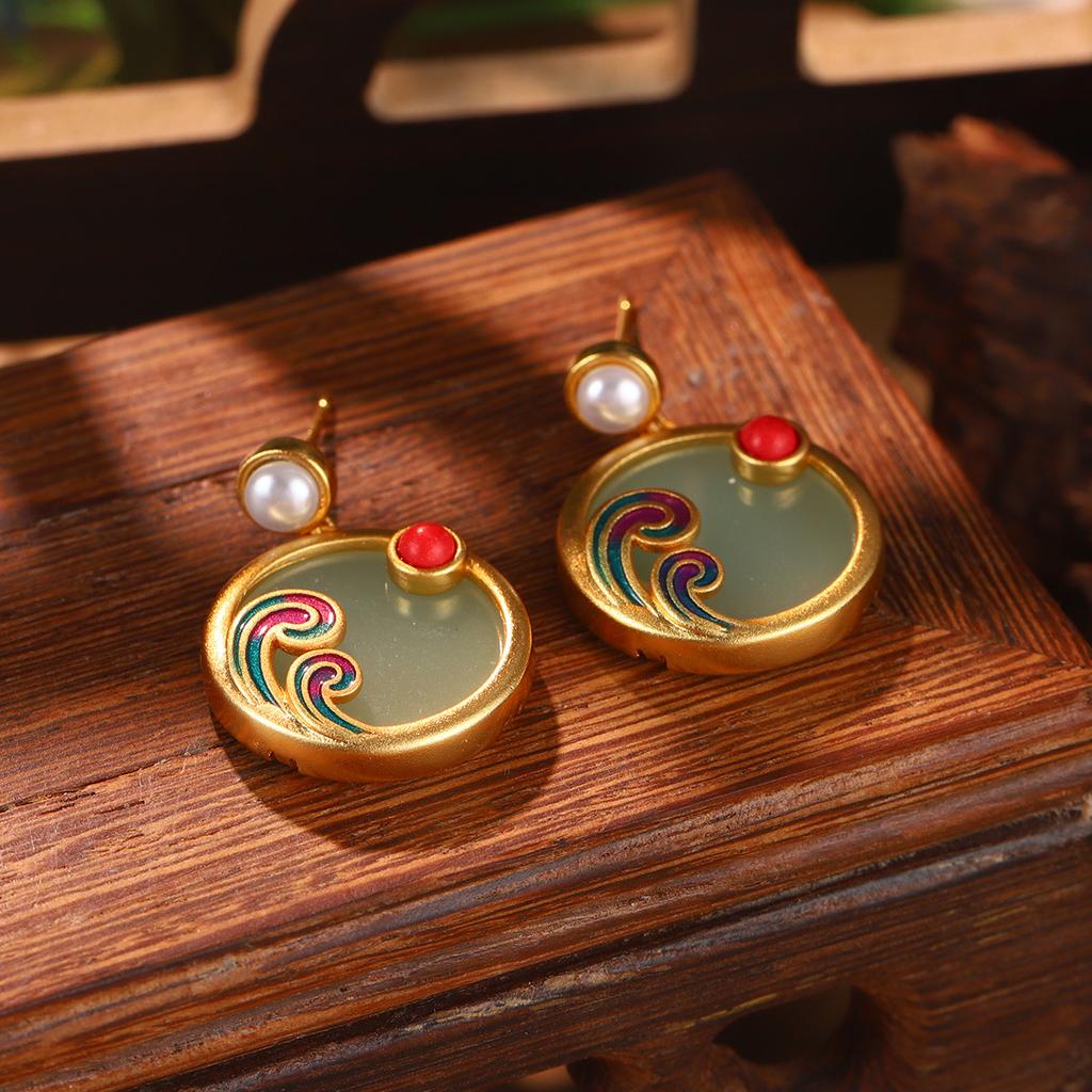 Antique new Chinese style flower fringed pearl earrings Hanfu accessories earrings imitation Hetian jade green agate temperament ear hook