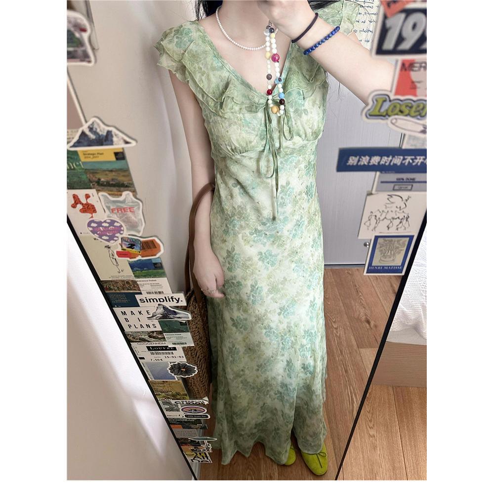 Новое летнее красивое зеленое платье с цветочным принтом для девочек Детское платье Xia Xiaofei с рукавами и завышенной талией