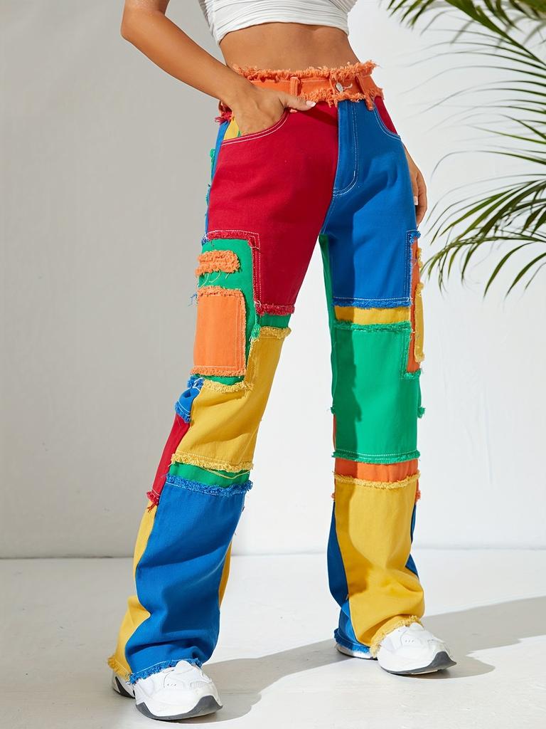 Personality American Dazzling Street Panels Ins Raw Edges Versatile High-waisted Loose Straight-leg Denim Trousers Women