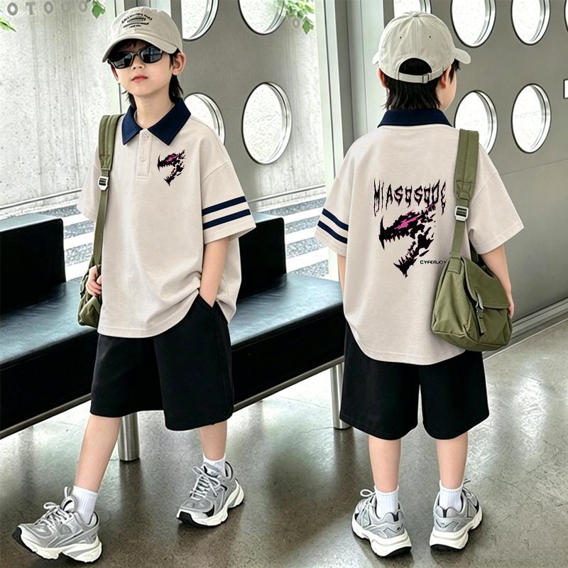 Boys' Korean Style Cotton Lapel T-Shirt & Shorts Set - Summer Casual Two-Piece Outfit for Medium and Large Children