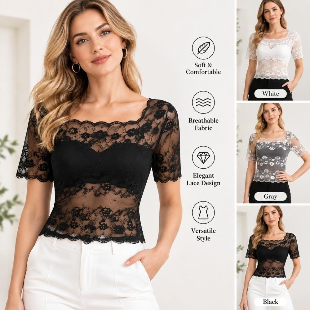 Nylon Lace Short Sleeve Top Thin Light Fabric Sling Dress Cover Up Hollow Out Layering Tee Women