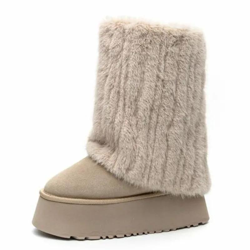 Мода 11 см Коровья кожа Плоские Осенние Женские Мотоциклетные Полусапожки на Платформе Модные Зимние Теплые Плюшевые С отворотом Снежные Сапоги