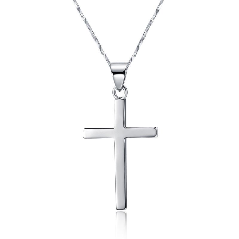 S925 Sterling Silver Smooth Cross Pendant Necklace for Men and Women - Versatile Long Sweater Chain