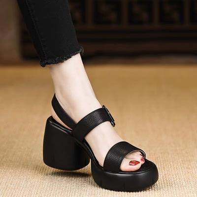 Модные босоножки на блочном каблуке с открытым носком в римском стиле, женские летние новые, для работы, из мягкой кожи, повседневные, на платформе, на высоком каблуке