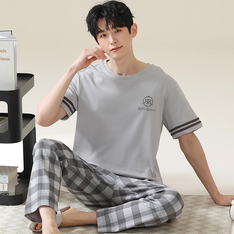 Summer Men's Pajamas Short Sleeves Long Pants Pijamas Suits Thin Sleepwear Can Be Worn Outside Cotton Home Wear Sports Pyjama