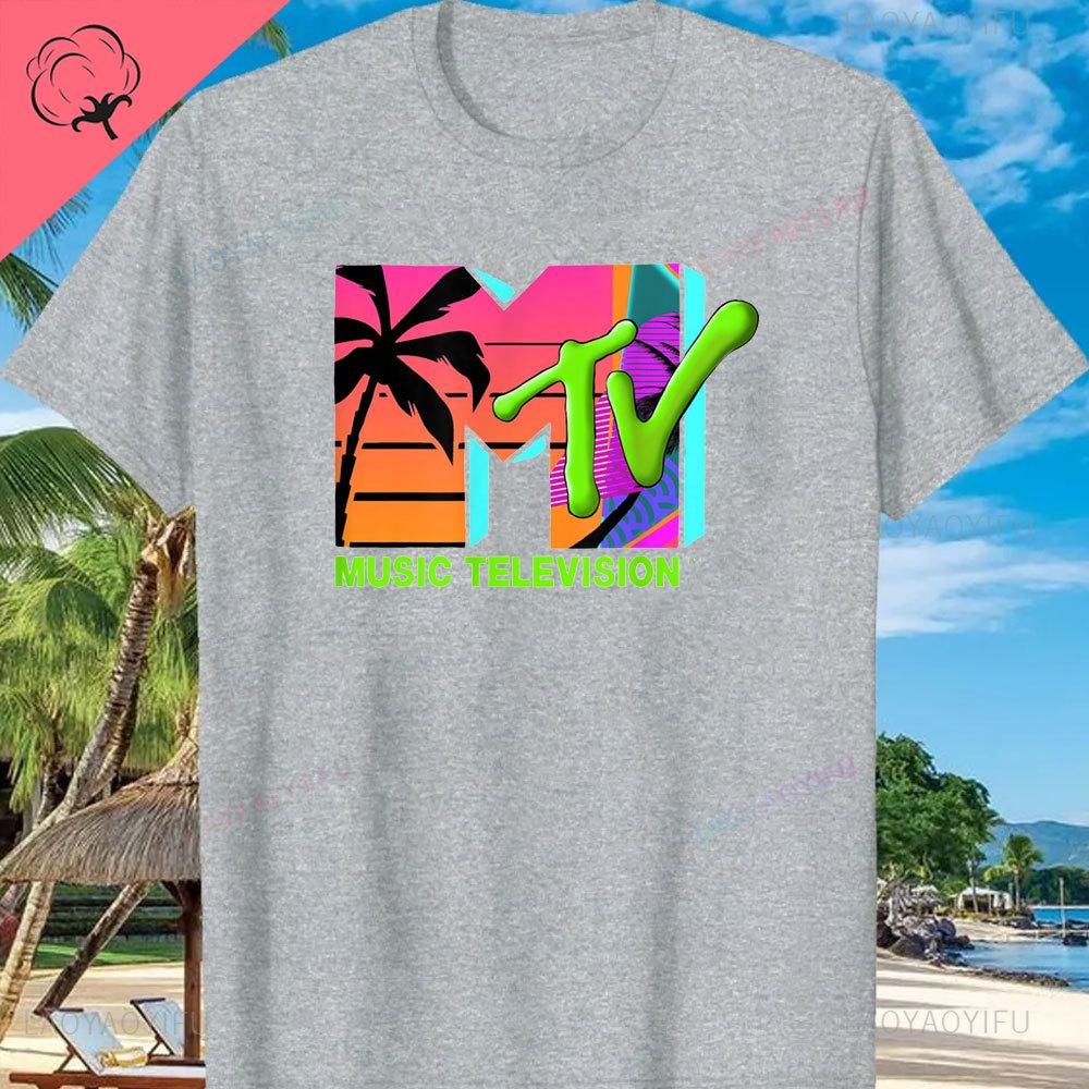 MTV Beach Island Logo Retro Graphic Cotton T-shirt M-T-V Sunset Palm Tree Print Top Unisex Graphic T Shirts