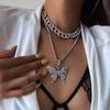 RUI RUI YU Women's Necklace Hip Hop Style Diamond-mounted Double-deck Chain Butterfly-shape Necklace