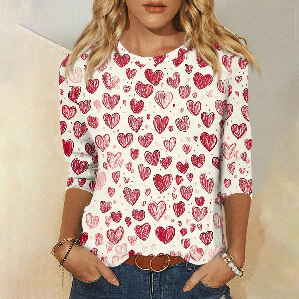 Women's Fashion Casual Round Neck 3/4 Sleeve Loose Valentine's Day Printed T-Shirt Ladies Top