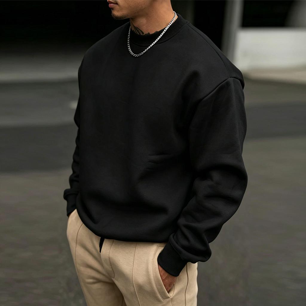 Men's Solid-Color Round-Neck Fleece Pullover A Thick, Soft, and Relaxed-Fit Long-Sleeve Top for Everyday Casual Wear in Fall and Winter