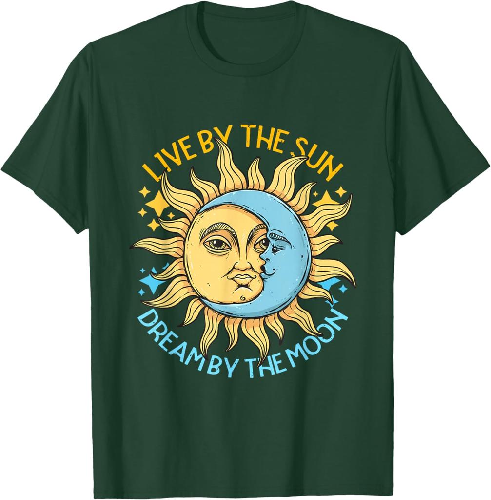 Sun Moon Celestial Graphic Tee Soft Cotton Casual T-Shirt Retro Astrology Style Trip Apparel