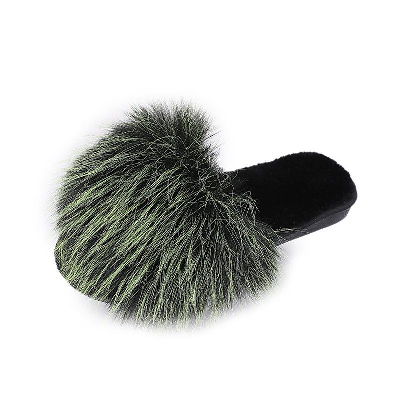 Summer Women Fur Slippers Woman Fluffy Raccoon Fox Fur Slides Female Furry Outside Flat Flip Flop Ladies Rainbow Slip On Sandals