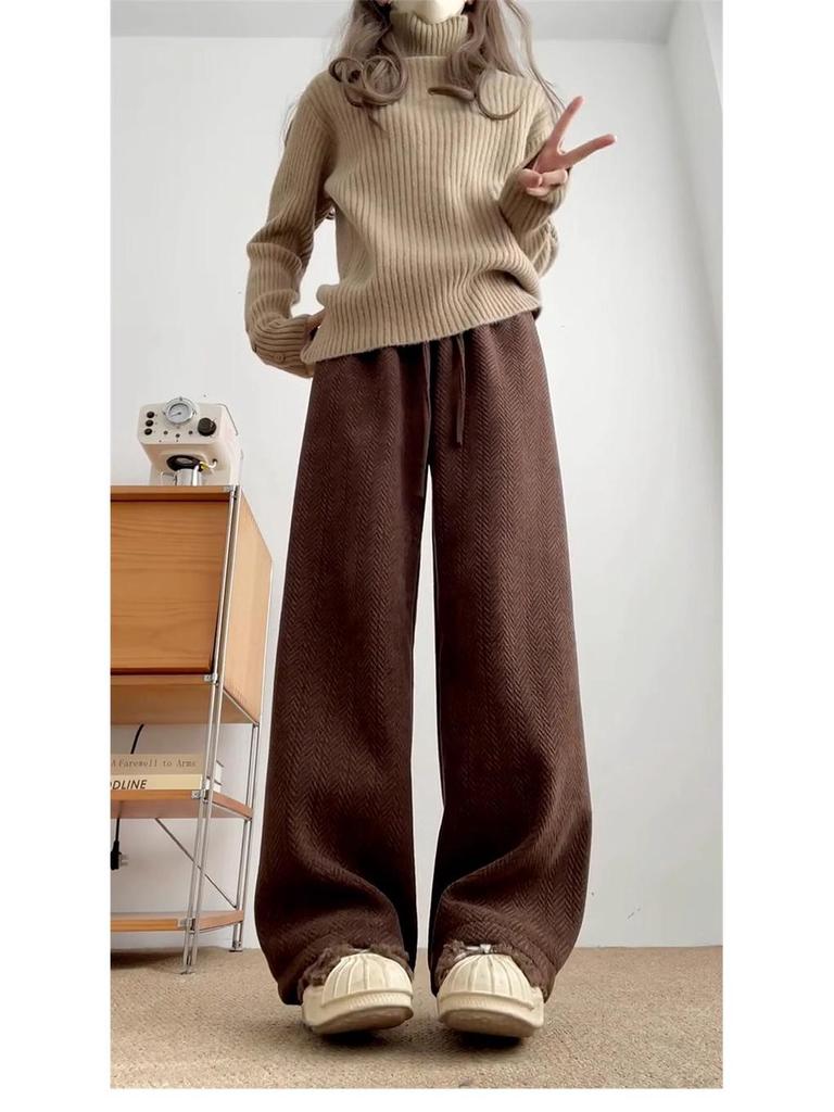 Женские широкие брюки кофейного цвета с высокой талией — универсальный вариант для весны, осени и зимы, с отделкой из бархата, свободный крой, повседневный драпированный стиль.