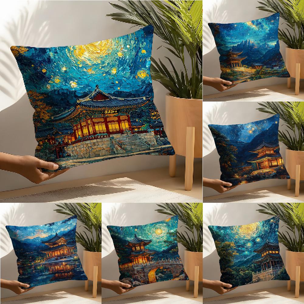 Korea Foguo Temple Pillow Case Linen Cushion Covers For Decorative Sofa Home Pillows Case Car Chair Pillows Cases