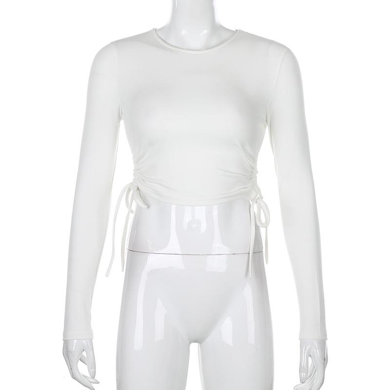 Сексуальные облегающие укороченные топы с круглым вырезом и длинными рукавами, осенняя женская трикотажная однотонная футболка с нерегулярной завязкой на шнурке