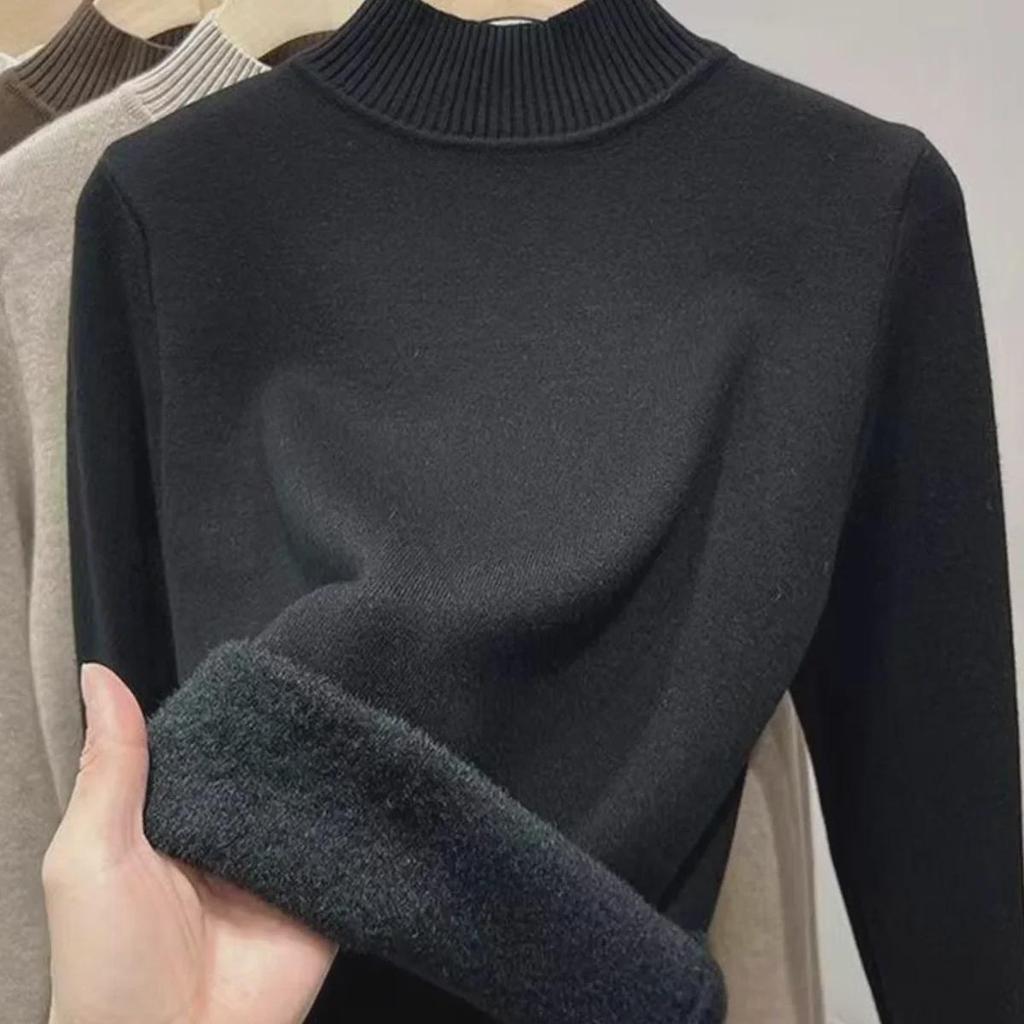 Женский флисовый трикотажный топ: Полувысокий воротник, плюс бархат, плотный, универсальный базовый слой для осени/зимы.