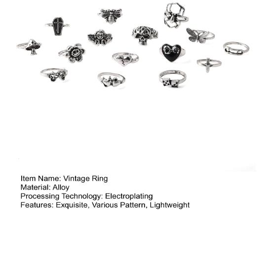 15 шт., винтажные кольца с животными, набор в готическом стиле, преувеличенные насекомые, животные, цветок, кольцо в форме сердца, Эстетические ретро-кольца серебряного цвета, изысканные ювелирные изделия